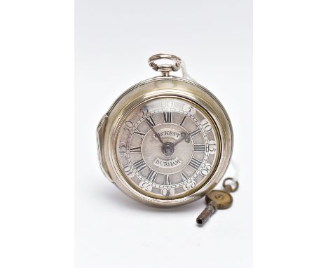 A GEORGE II SILVER PAIR CASED VERGE POCKET WATCH BY 'THOMAS BECKETT', key wound, round champleve dial signed 'Beckett Durham'