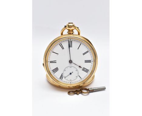 A LATE 19TH CENTURY 18CT GOLD OPEN FACE KEY WOUND POCKET WATCH WITH KEY, engine turned case back with vacant shield shape car