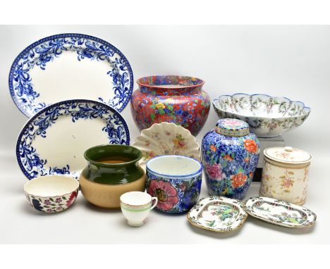 A GROUP OF CERAMICS, to include two Wedgwood &amp; Co Lily pattern blue and white meat plates, approximate lengths 39.5cm and