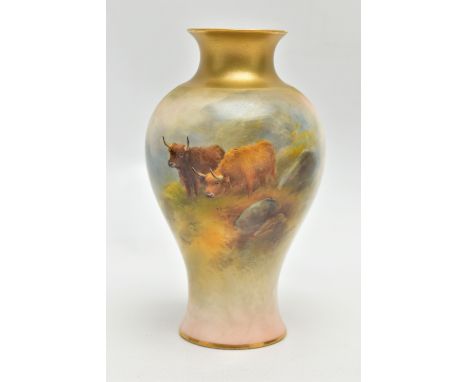 A HARRY STINTON FOR ROYAL WORCESTER INVERTED BALUSTER VASE PAINTED WITH HIGHLAND CATTLE, gilt rim and neck above a scene of t