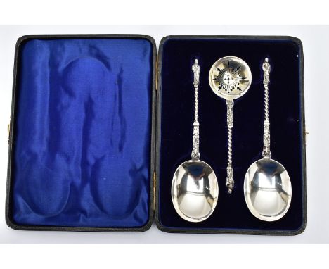 A CASED SILVER SERVING SET, three silver apostle spoons to include one sifter spoon and two serving spoons, hallmarked 'Willi