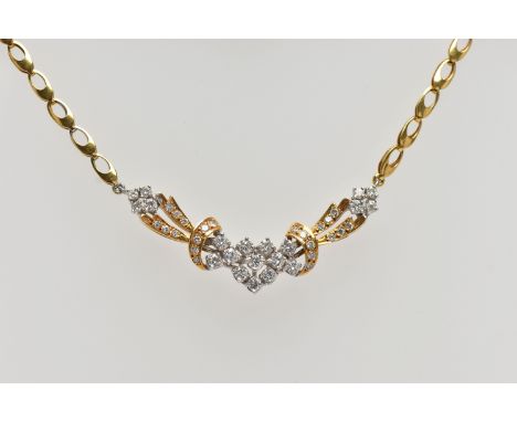A YELLOW AND WHITE METAL DIAMOND NECKLACE, the front designed as an openwork panel set throughout with round brilliant cut di