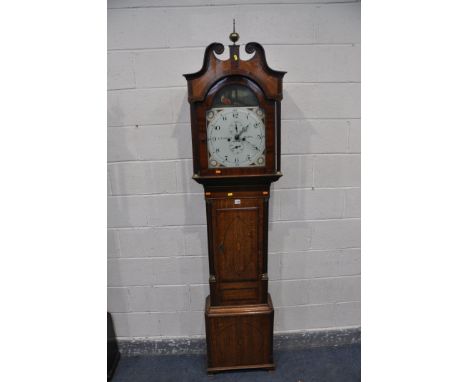 A GEORGE III OAK AND MAHOGANY BANDED EIGHT DAY LONG CASE CLOCK, signed E. Timings, Dudley, the hood with a swan neck pediment