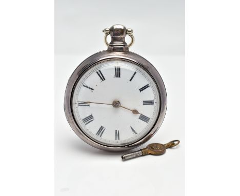 A 19TH CENTURY SILVER PAIR CASE, KEY WOUND POCKET WATCH, open face pocket watch with a white enamel dial, black Roman numeral