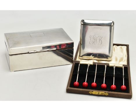 A GEORGE V SILVER CIGARETTE CASE OF RECTANGULAR FORM WITH DOUBLE HINGED MECHANISM, the plain case engraved with initials, gil