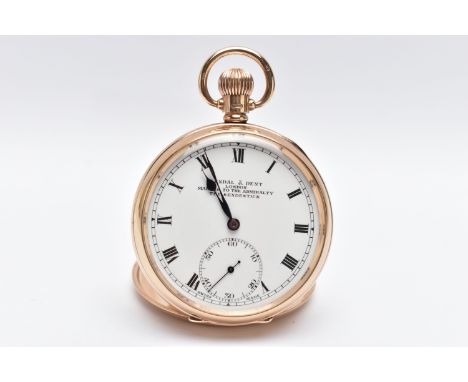 AN EARLY 20TH CENTURY 9CT GOLD KEYLESS WIND KENDAL &amp; DENT OPEN FACE POCKET WATCH TOGETHER WITH GLASS PRESENTATION DOME, t
