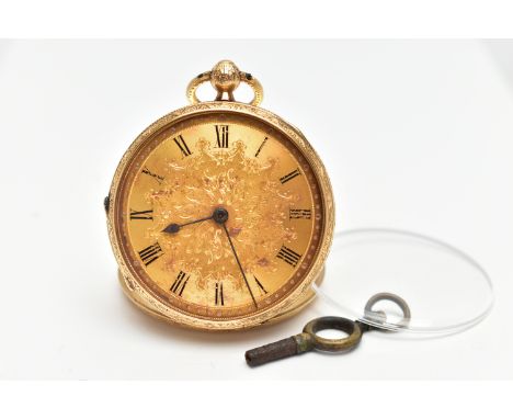 A LATE VICTORIAN 18CT GOLD OPENFACE KEY WOUND POCKET WATCH WITH WATCH KEY, floral and scroll engraved case, gilt dial with ce
