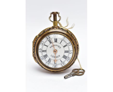 A GEORGE III PAIR CASED, QUARTER REPEATER VERGE POCKET WATCH BY 'DANIEL &amp; THOMAS GRIGNION', circa 1760, gilded brass, ope