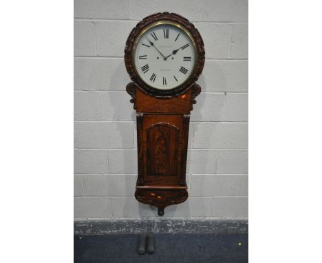 A VICTORIAN FLAME MAHOGANY EIGHT DAY DROP DIAL WALL CLOCK, the foliate border surrounding a glazed door, enclosing an enamel 