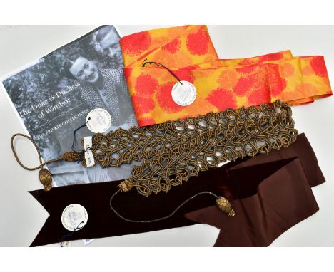 DUKE AND DUCHESS OF WINDSOR INTEREST, a belt, a wide velvet ribbon and a colourful silk sash, the belts in woven links of gol