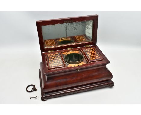 A VICTORIAN LARGE MAHOGANY AND INLAID BOMBE SHAPED TEA CADDY, the hinged cover with parquetry cube inlay to the top panel, mi