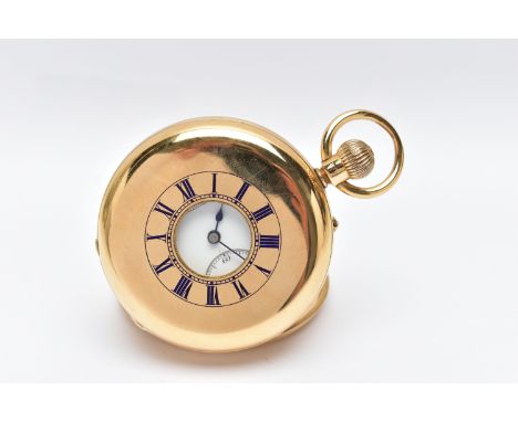 A LATE VICTORIAN 18CT GOLD HALF HUNTER KEYLESS WIND POCKET WATCH BY EDWARD F ASHLEY, blue enamel chapter ring to front cover,