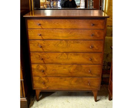 A Danish design mid-century teak and rosewood chest of six long drawers with turned cone-shaped pulls, 88 cm w x 50 cm d x 11