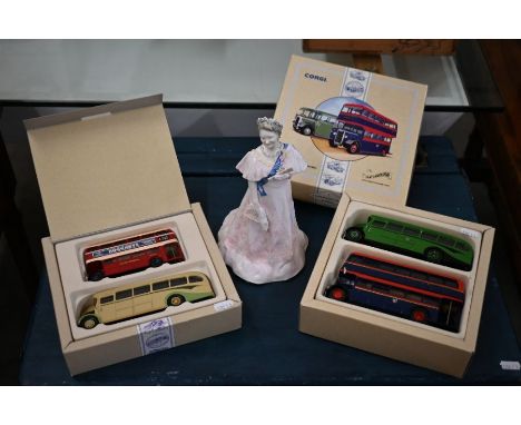 A Royal Worcester china Mulberry Hall figure of the Queen Mother ltd ed 207/9000 to/w two boxed Corgi model buses and various