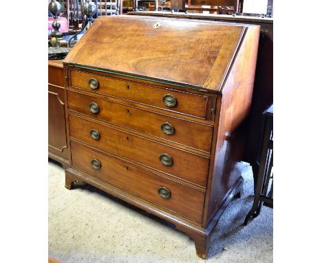 A 19th century mahogany bureau with four long graduating drawers, raised on bracket feet, 92 cm w x 55 cm d x 90 cm&nbsp;