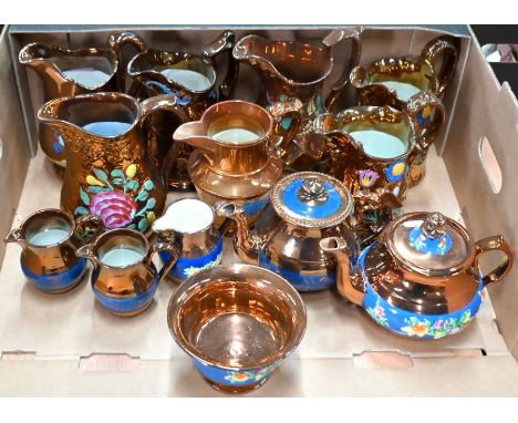 Ten various copper lustre jugs to/w two teapots and a sugar basin (box)