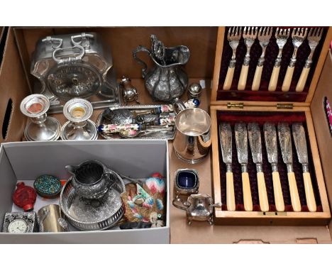 A Portuguese pewter mantel clock, various ep wares and collectables (box)