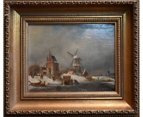 R Vermont - Windmills in a Dutch winter landscape, oil on board, signed lower right, 18 x 23 cm