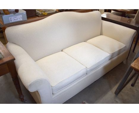 A country house three seater sofa by 'Hickorycraft', with arched back and scroll arms, patterned cream upholstery, 206 cm w x