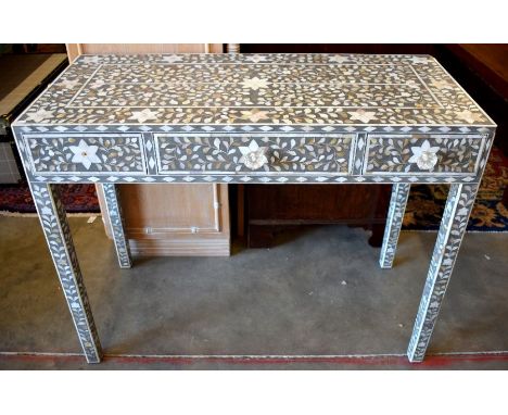 A decorative shell inlaid console table with three drawers (one missing handle), 100 cm wide x 45 cm deep x 78 cm high