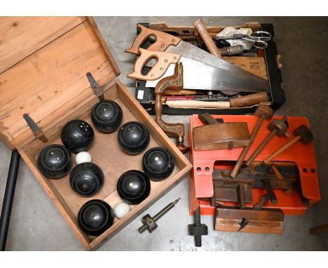 Joseph Cooper carpenter's brace and other vintage tools etc to/w a box of bowling woods with ceramic jacks