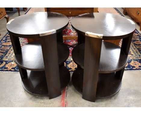 A pair of contemporary Julian Chichester three-tier circular side tables in faux coromandel veneered finish, 50 cm diam x 66 