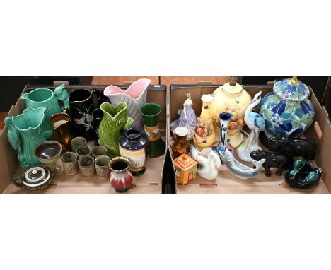 Various pottery ornaments, including Victorian graduated set of jugs painted with butterflies, Sylvac, Aynlsey floral-printed