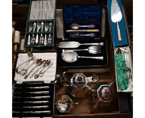 Preston's Chester Plate four-piece tea service, and various ep flatware and cutlery including silver-handled cake slice and t