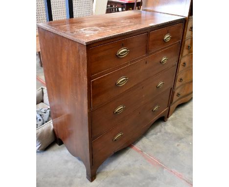 A 19th century mahogany chest of two short over three long drawers with brass handles on splayed bracket feet, 94 cm wide x 4