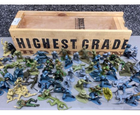 Wooden advertising bottle Crate “Bookers Bourbon” containing a large quantity of vintage plastic military toy soldiers