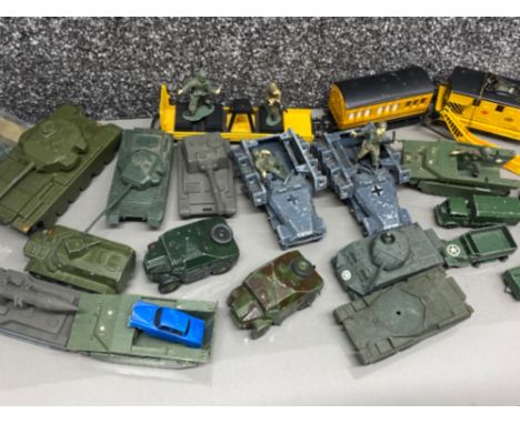 Wooden crate containing miscellaneous plastic &amp; diecast military vehicles - makers include Dinky, Corgi &amp; matchbox et
