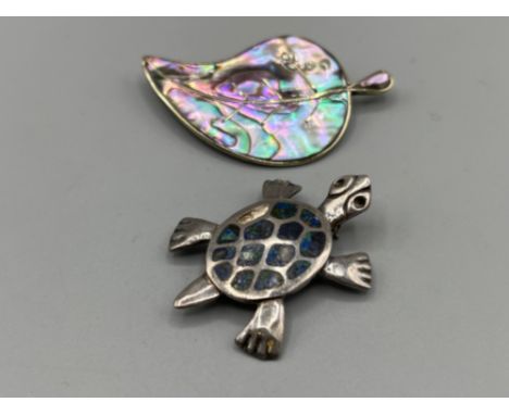 Silver and Abalone leaf brooch with opal mosaic also silver turtle brooch. Both Mexican