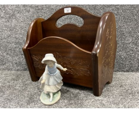 Solid mahogany magazine holder and Nao by Lladro girl figurine