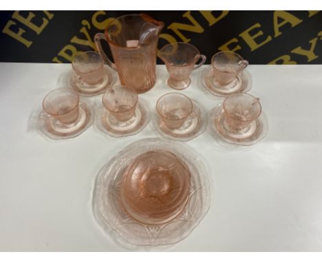 Pink American depression glass set includes 6 cups, saucers, plate, large lemonade jug all in the royal lace pattern from Haz