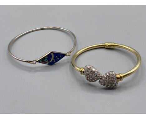 2x silver bangles, 1x gold on silver c2 heart torque bangle, 1x ornate blue enamel bangle
