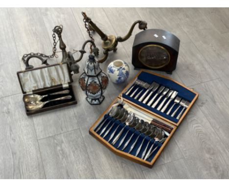 Cutlery, mantle clock, light fittings and Porcelain