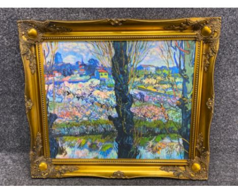 A fine Art ‘Old Master’ reproduction print of the famous Vincent Van Gogh 1853-1890 painting ‘view of Arles’, framed in a fan
