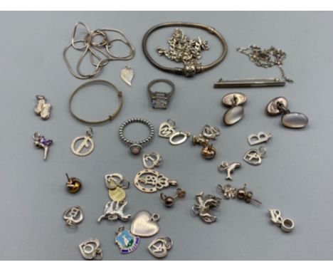 Bag of assorted silver, charms, brooch, bracelet, bangle, rings and chains, 90g