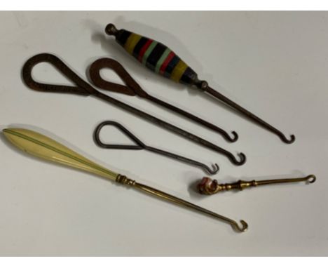 Selection of 6 Victorian &amp; later button hooks, some advertising