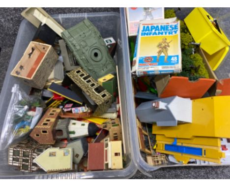 Two boxes of model terrain including a mixture of buildings &amp; trees also includes Airfix military figures - Japanese &amp