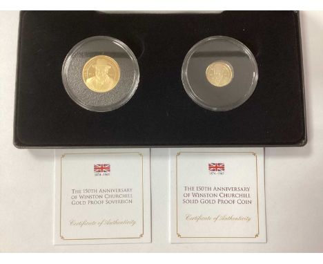 2024 150th Anniversary Of Winston Churchill Gold Proof Two Coin Set, features a gold Sovereign and a 9ct gold 25p (1g), cased