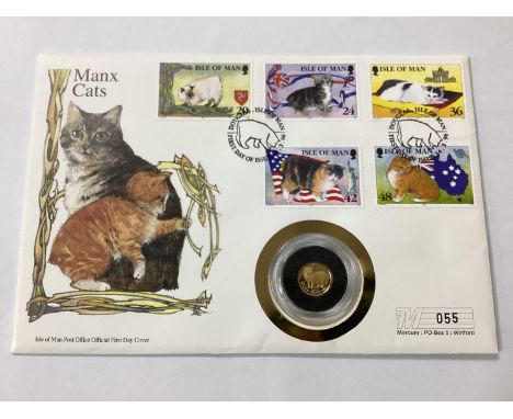 1989 Isle Of Man 'Manx Cats' Gold First Day Coin Cover, features a 1/25oz Crown (1.2g of 24ct)
