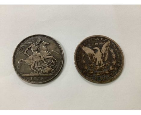 1889 Victoria GB Silver Crown, together with a USA 1888 silver 'Morgan' Dollar.