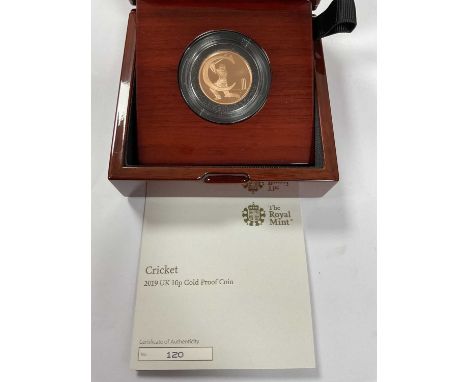 The Royal Mint 2019 Gold Proof Cricket 10p Coin, cased with a certificate of authenticity.