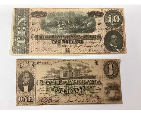 1864 Confederate States Of America Richmond $10 Banknote, together with an 1864 USA state of Alabama $1 banknote.