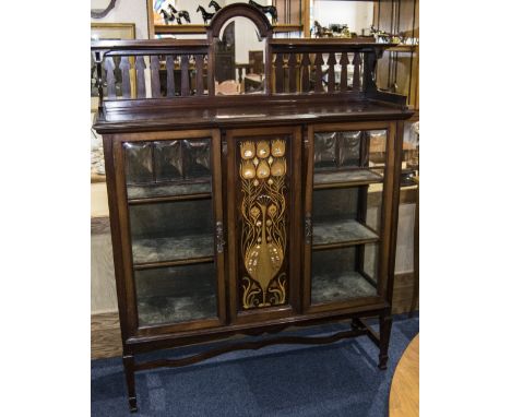 Shapland and Petter of Barnstaple Impressive Arts And Crafts Mahogany Display Cabinet on Mahogany Tapered Legs and Shaped Str