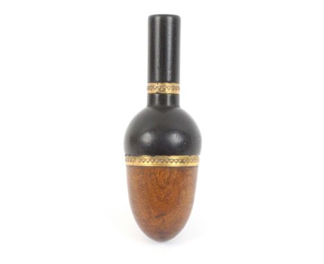 A French acorn and stem needle / thimble case, complete with silver thimble, the case in light and dark woods and with two gi