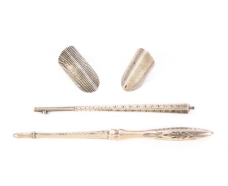 Two Dutch silver tambour hooks and two thimble rings, comprising an engraved tambour hook with screw end cover, 13cms, anothe