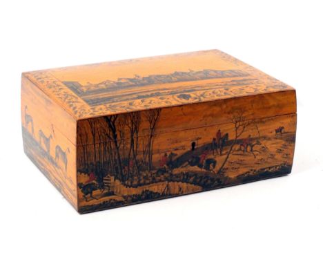A very fine Scottish sporting pen work decorated sewing box, probably by Charles Stiven of Laurencekirk, full length wooden h