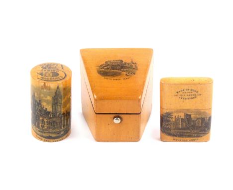 Mauchline ware, sewing, three unusual needle cases, comprising a slant top needle packet box of rhomboid form with wooden hin